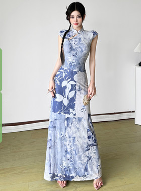 WEEKEEP 古典清冷感新中式紫色优雅印花修身旗袍裙显瘦气质连衣裙