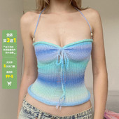 WEEKEEP 多巴胺破烂感毛织挂脖串珠吊带女修身 显瘦绑带卷边背心