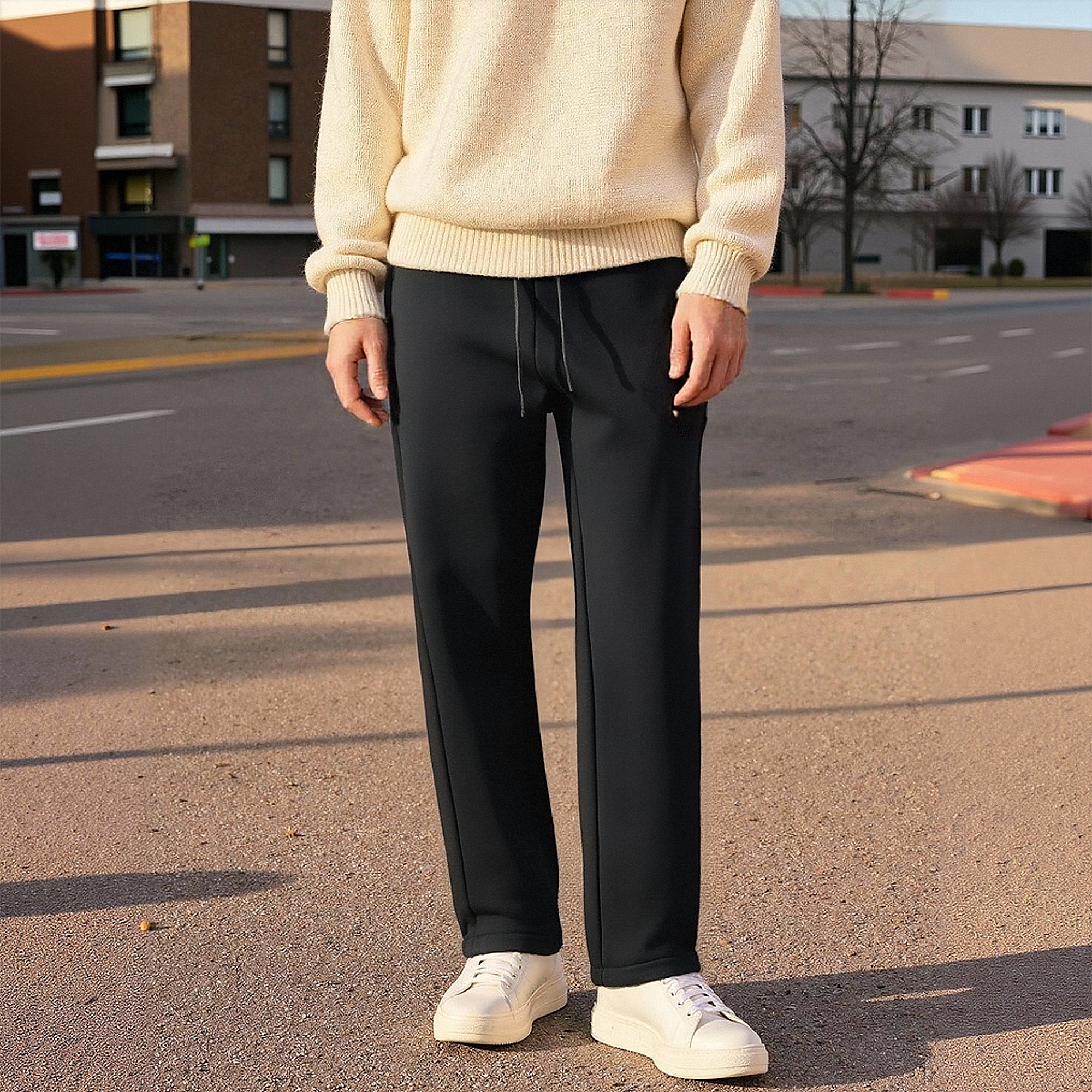 ABLE JEANS男款加绒直筒卫裤秋冬男女同款宽松针织休闲 时尚长裤