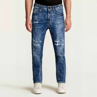 宽松牛仔裤 ABLE 春秋水洗复古3D时尚 破洞直筒弹力滑板裤 JEANS男士