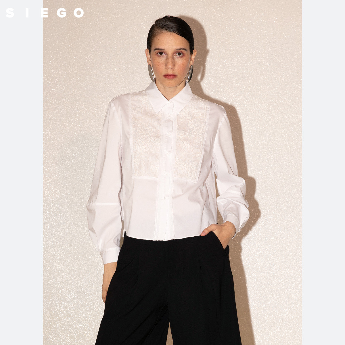 Siego西蔻日常简约异材质密边截短长袖衬衫64514603