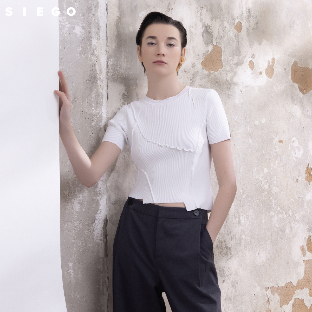 Siego西蔻简约修身文艺不规则下摆扭条弹力短袖针织毛衫64437602