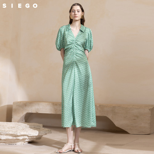 siego西蔻抽褶复古菱格纹度假风短袖V领连衣裙64433214