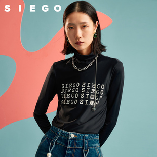 西蔻2023春季 新款 时尚 T恤女 Siego LOGO字母印花高领修身 打底长袖