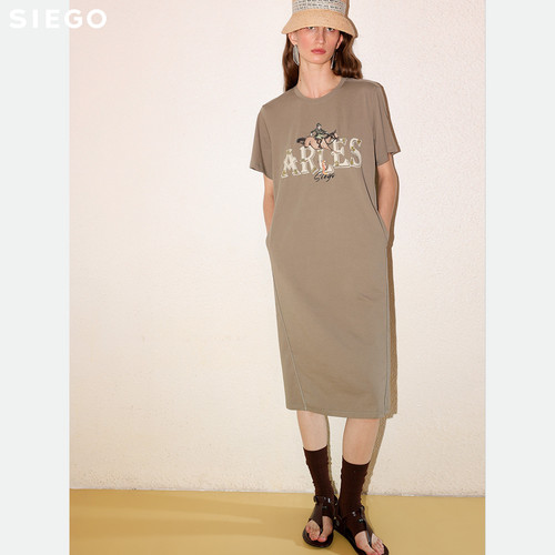 Siego西蔻休闲通勤印花圆领短袖连衣裙64533209