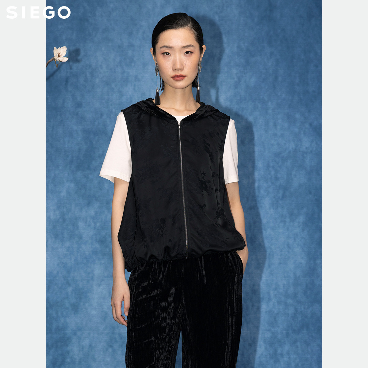 Siego西蔻石墨黑异材质拼接连帽马夹64526602