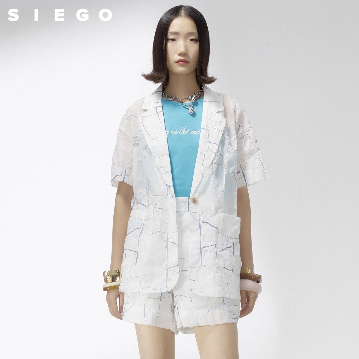 Siego西蔻大理石纹理短裤衬衫外套休闲文艺套装64338602