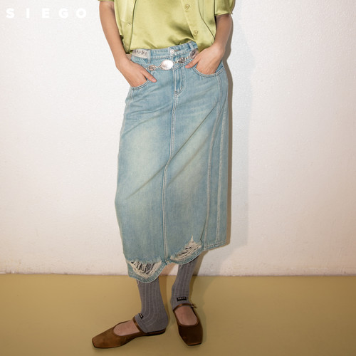 Siego西蔻特殊蓝绿休闲破洞下摆牛仔直筒半裙64512206