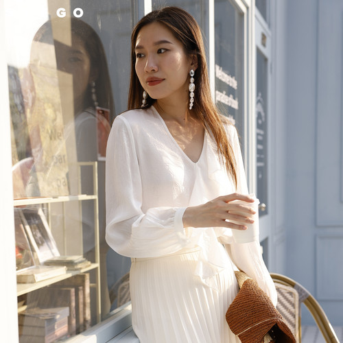 Siego西蔻醋酸时尚优雅荷叶边V领舒适透气小衫64514605