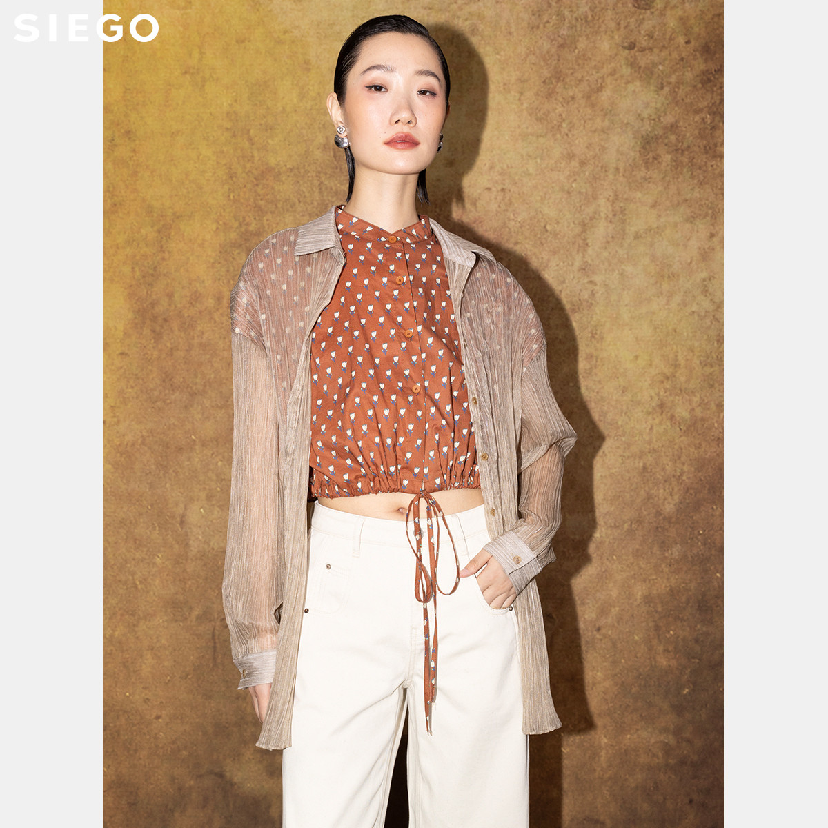 Siego西蔻霜花间影假两件叠穿截短衬衫64524202