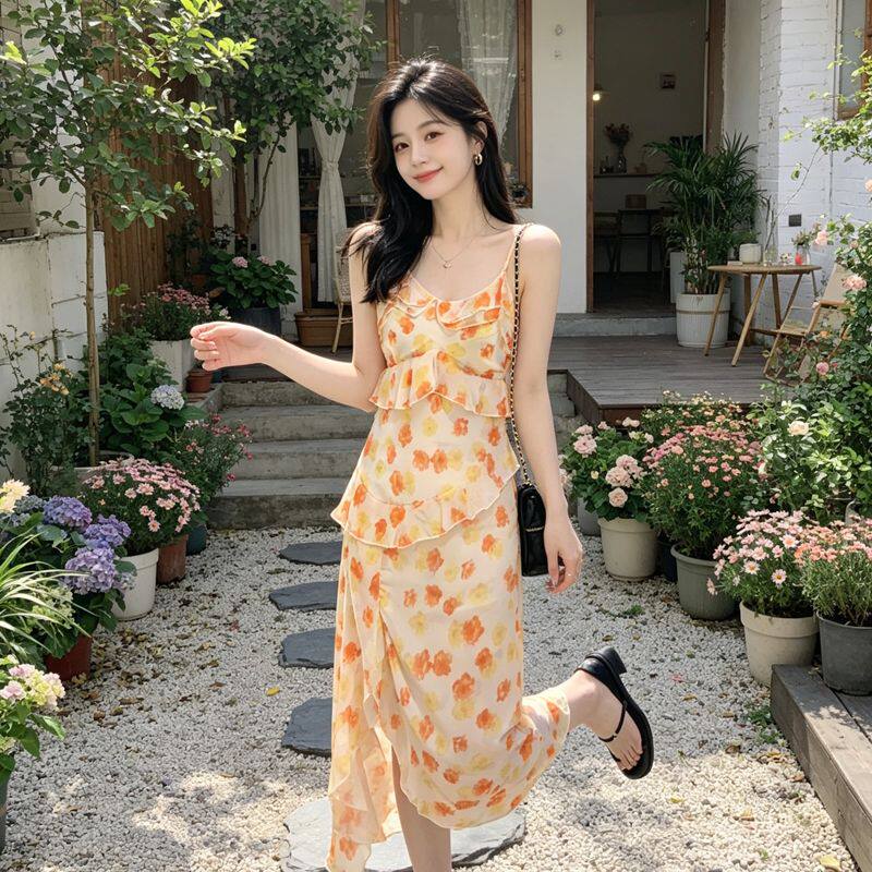 2026夏季法式性感v领高腰开叉雪纺不规则长裙碎花连衣裙吊带裙女