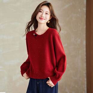 红色针织打底衫2025新款今年流行爆款圆领毛衣轻奢洋气短款毛线衣