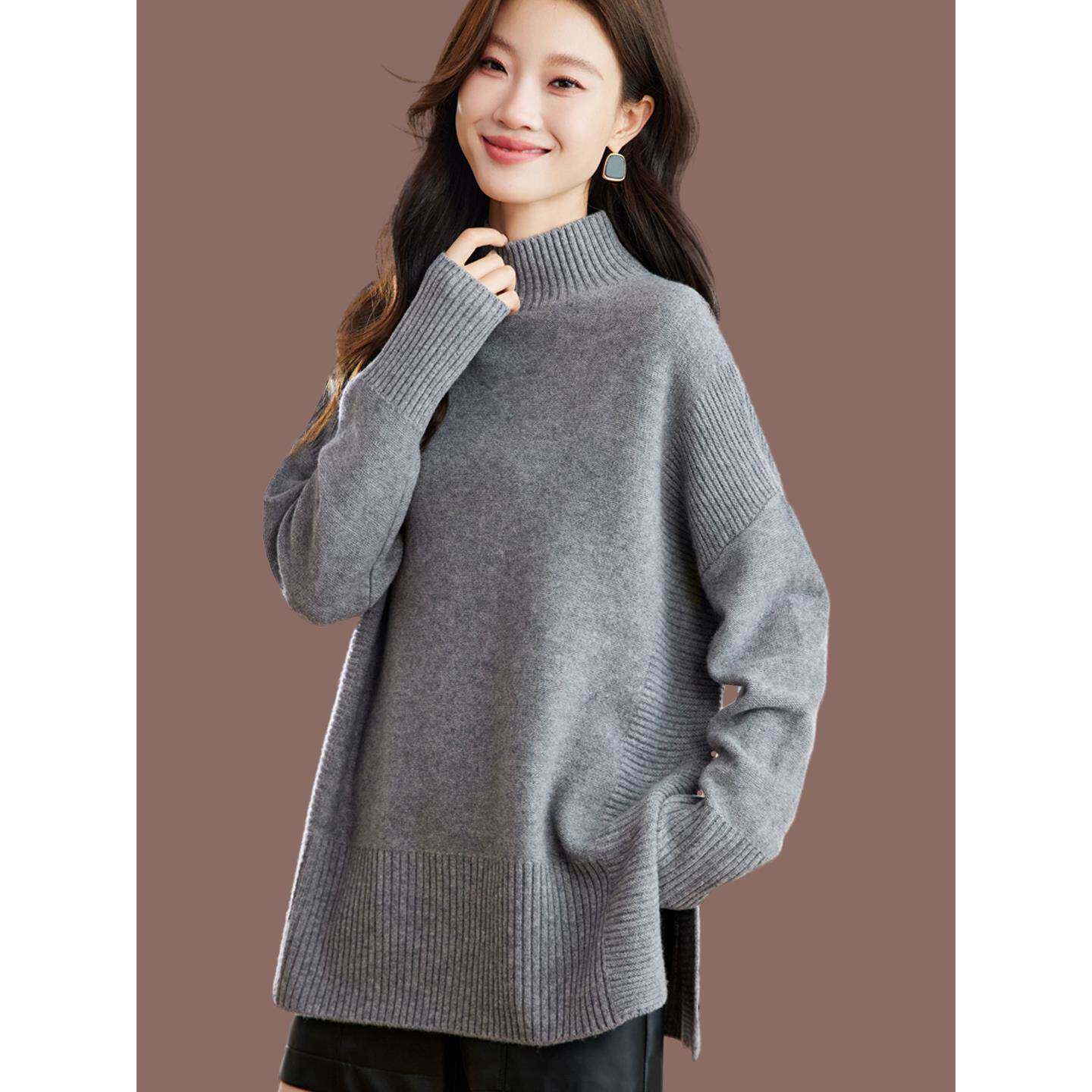 100%纯羊毛半高领毛衣女秋冬宽松中长款遮屁股打底衫慵懒风上衣,女装/女士精品,毛衣,淘宝优惠券,粉丝福利购,淘宝优惠卷