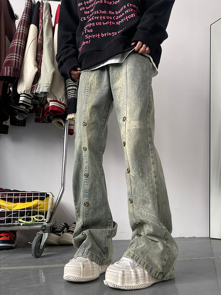 黄泥铆钉印花牛仔裤男秋美式废土