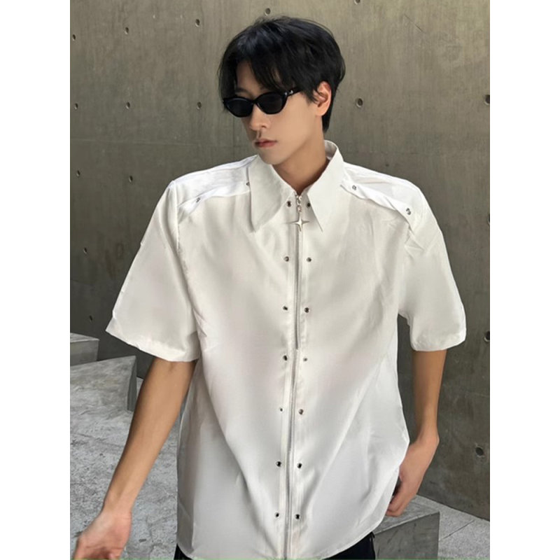 白色解构拉链短袖衬衫