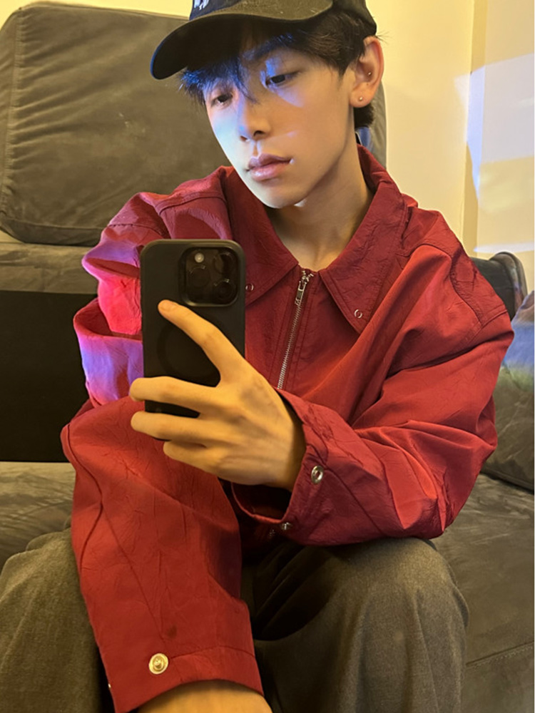 复古褶皱夹克翻领简约高级短款