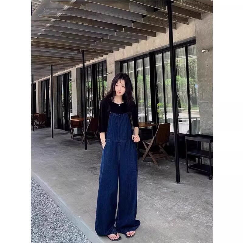 美式复古细肩带抽绳牛仔背带裤女2025夏季减龄宽松显瘦阔腿连体裤
