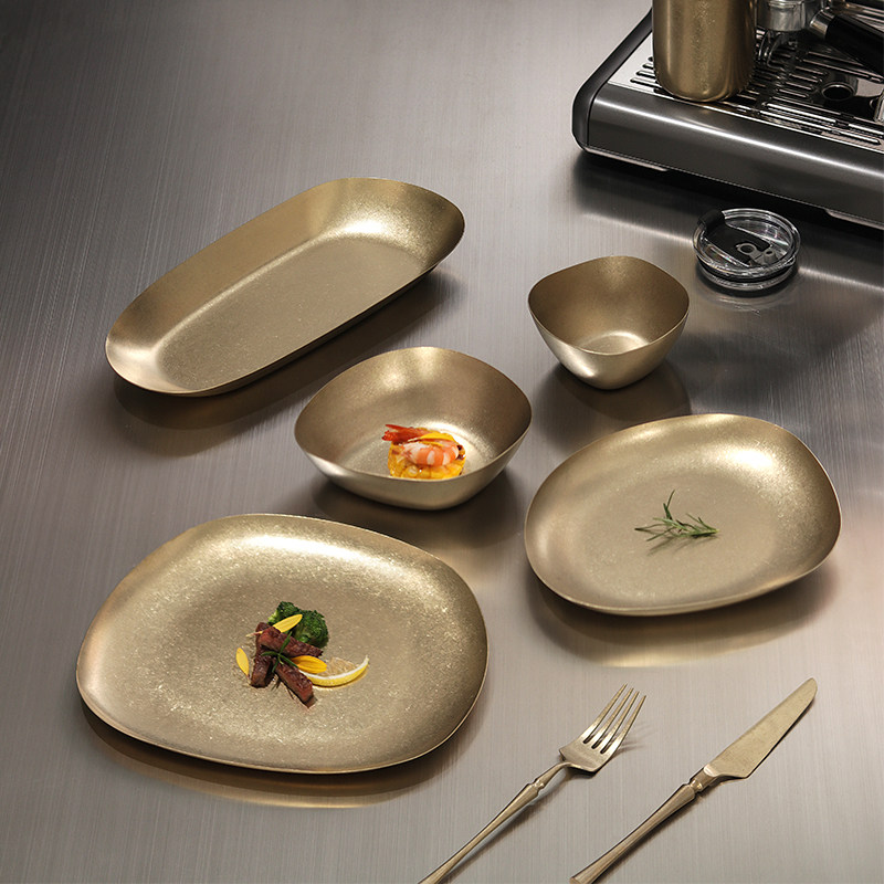 美式复古餐具金色西餐盘不锈钢盘工业风汉堡托盘牛排盘薯条炸鸡盘