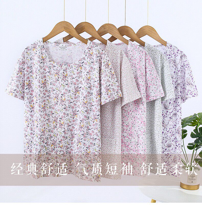 PLUS SIZE KNITTED LADIES MIDDLE-AGED AND ELDERLY TOPS THIN CARDIGANS PLACKET COTTON THIN SUMMER PRINT MOM SHORT SLEEVE HOME