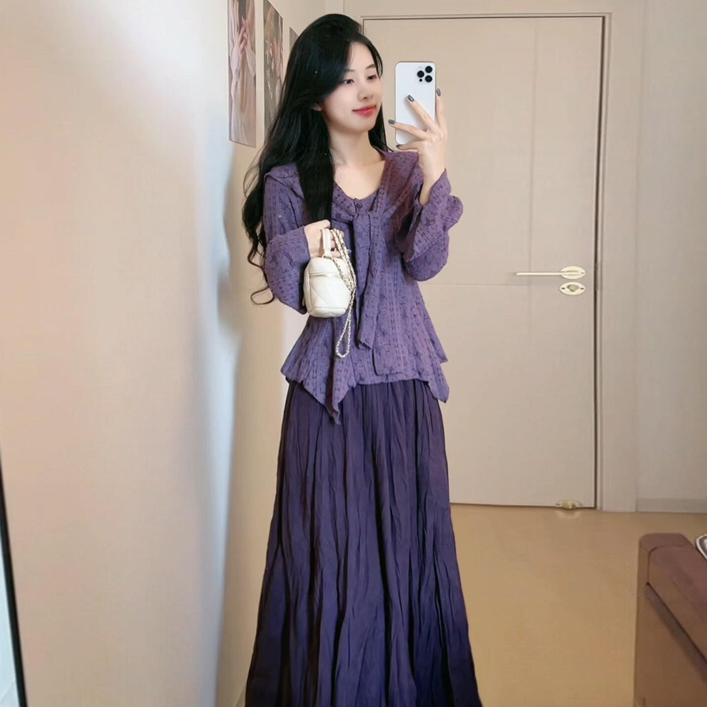 巨好看法式长袖紫色连衣