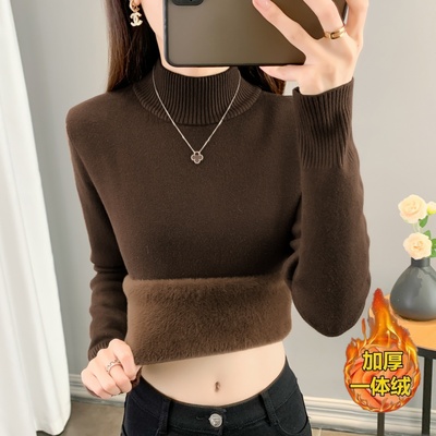 加绒毛衣女加厚一体绒半高领秋冬新款大码显瘦保暖内搭针织打底衫
