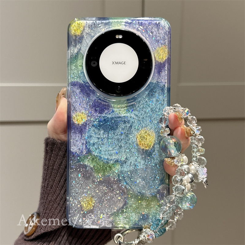 适用华为mate70pro+手机壳日韩半透闪粉油画花朵Mate6