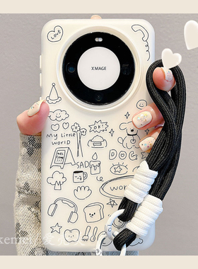 适用华为mate60pro+手机壳mate70pro+果冻液态肤感mate40pro涂鸦线条小狗日常mate50pro编织挂绳p70pro防摔女