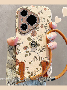 适用华为pura70pro+手机壳秋冬美拉德立体山茶花pura70ultra腕带挂绳mate70pro皮质大视窗p70pro全包防摔女款