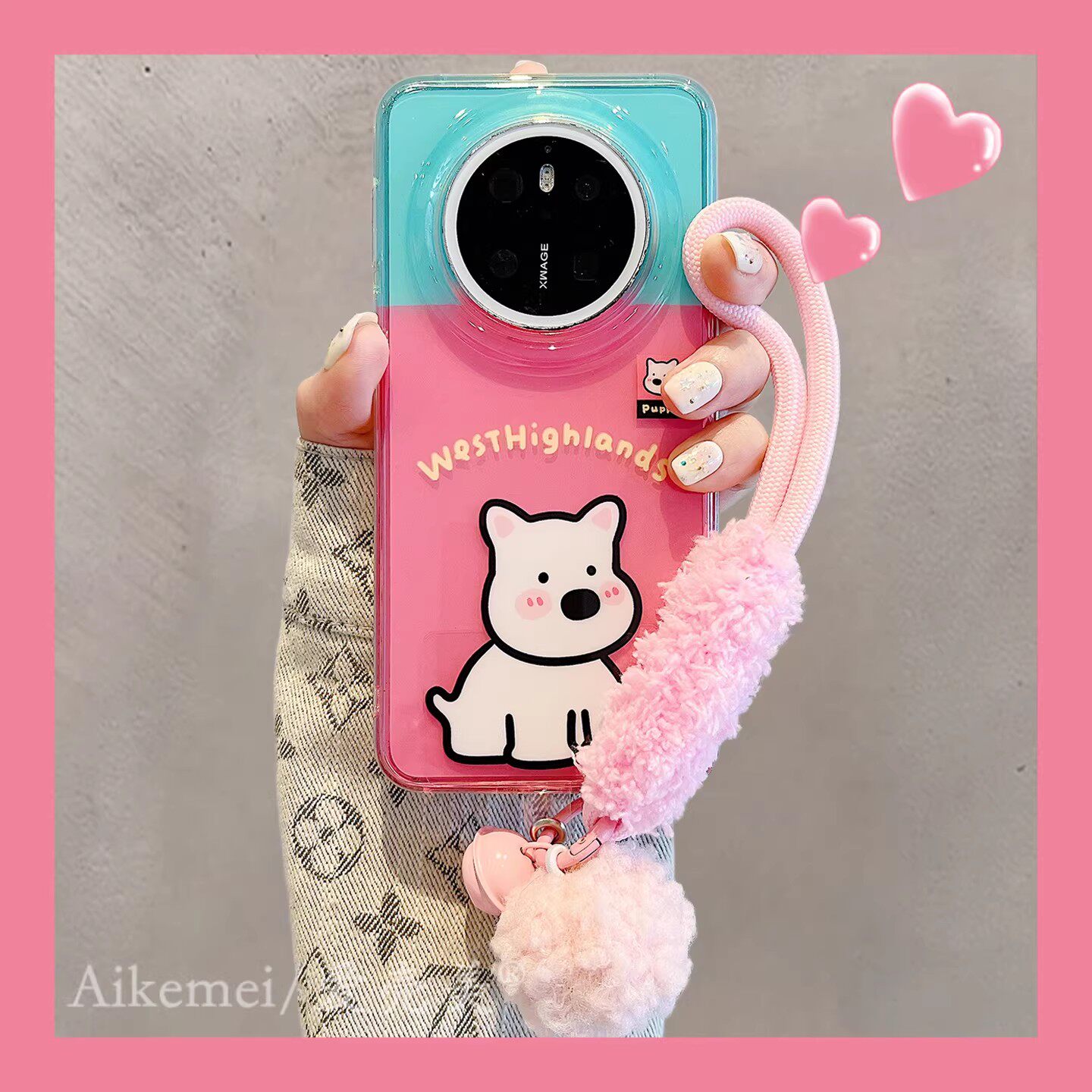 适用华为mate80promax手机壳可爱撞色猫咪西高地小熊企鹅Mate70pro毛球挂绳mate60新款双层pura80pro防摔男女
