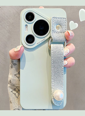 适用华为pura70pro+手机壳p70/p60pro浅蓝色牛仔珍珠腕带p50pro纯色nova12/11pro荣耀1009050防摔magic6/5女