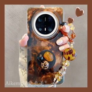 适用华为mate70pro+手机壳高级感mate80promax琥珀棕色渐变晕染Mate60pro立体宝石支架链条pura80pro防摔女款