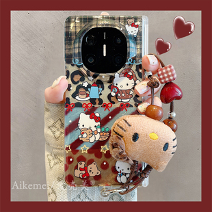 适用华为mateX6新款 x3中轴保护链条挂绳X6翻盖防摔女 折叠屏手机壳日韩可爱卡通豹纹格纹波点拼接kittyMateX5