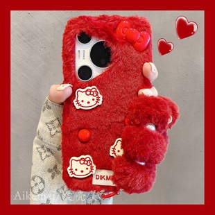 防摔女款 mate70pro 手机壳秋冬红色可爱立体蝴蝶结kt猫Pura70pro毛茸茸挂绳p8070简约新款 适用华为pura80pro