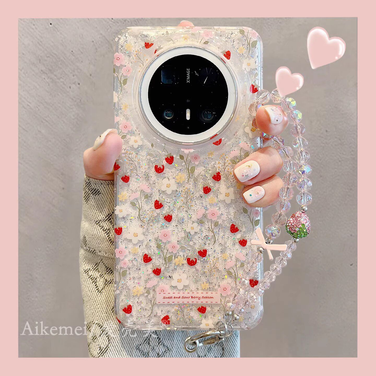 适用华为mate80promax手机壳日韩ins闪粉彩色花朵草莓