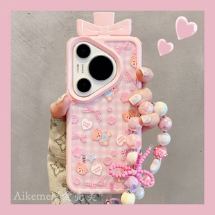 适用华为pura80pro 手机壳韩系卡通粉色格纹小熊玩偶Pura70pro链条挂绳p8070Ultra立体瓶盖mate70pro防摔女款