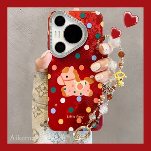 适用华为pura80pro 手机壳红色锡纸纹彩色波点小马Pura70pro链条挂绳p8070ultra电镀镜框mate80promax防摔女