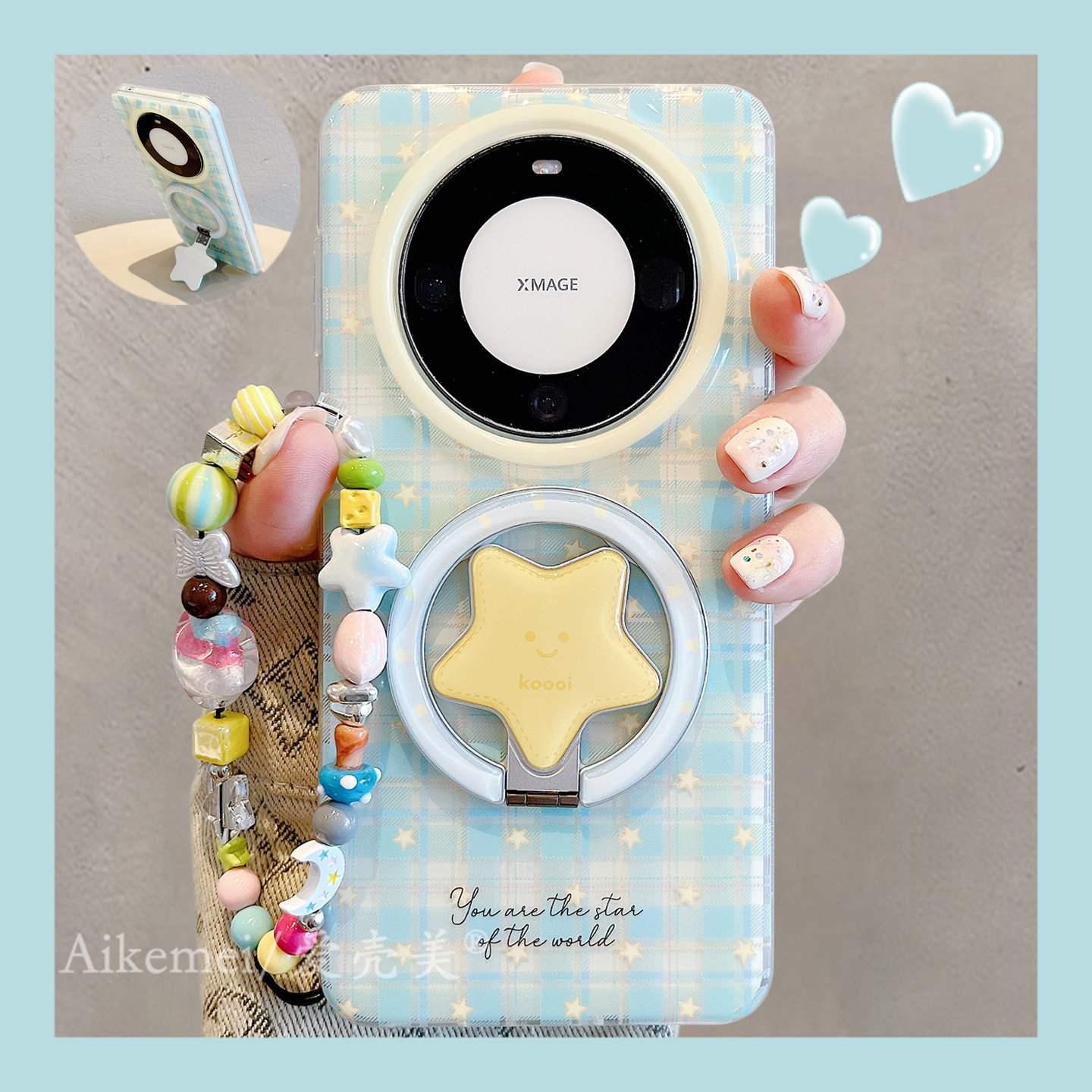 适用华为mate70pro+手机壳韩系ins蓝色格纹星星mate