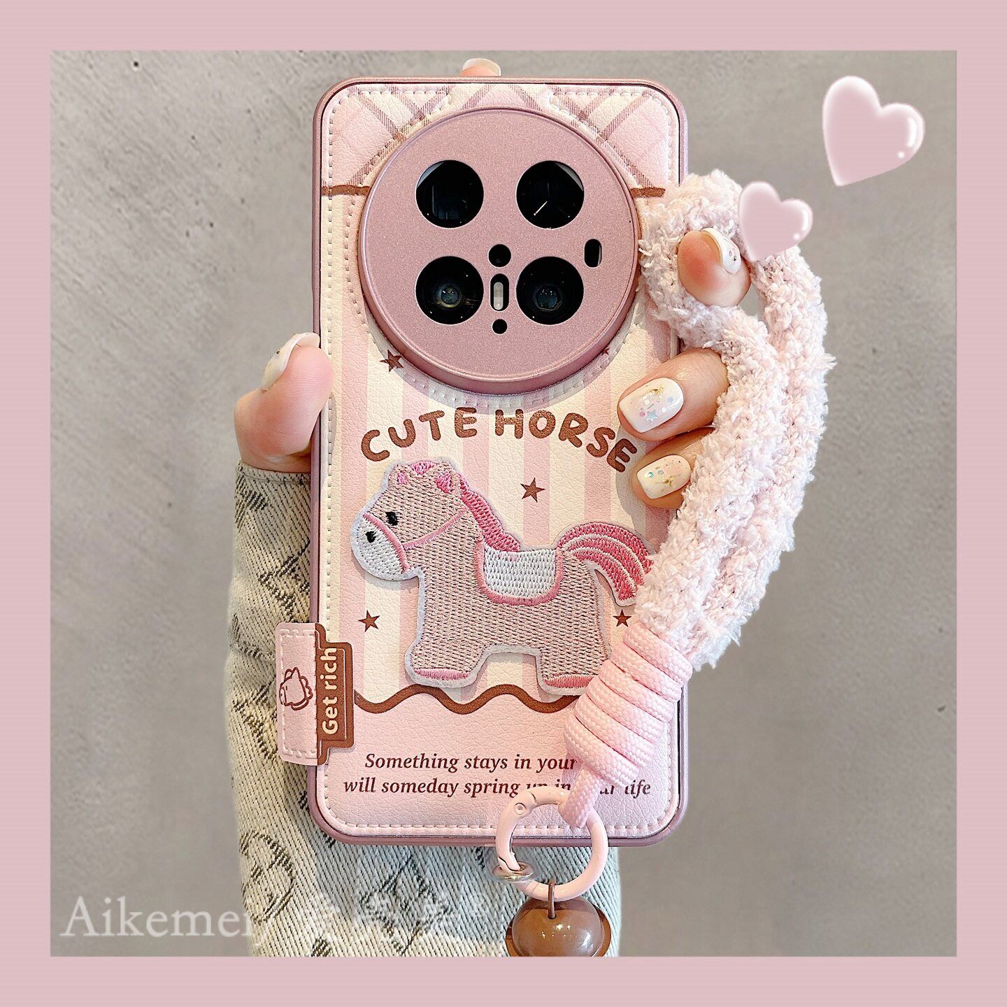 适用华为mate70pro+手机壳粉色条纹mate80promax撞色格纹刺绣小马mate60pro毛绒挂绳气垫皮纹pura80pro防摔女