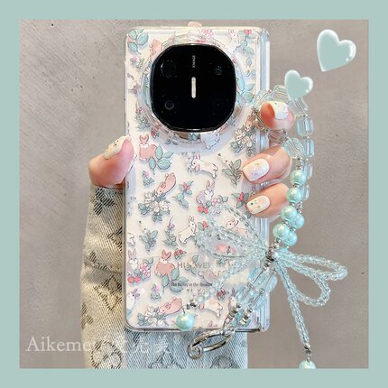 适用华为mateX7折叠屏新款手机壳春日小清新绿叶碎花兔子Matex6X5典藏版链条挂绳vivoXFold5中轴保护翻盖防摔