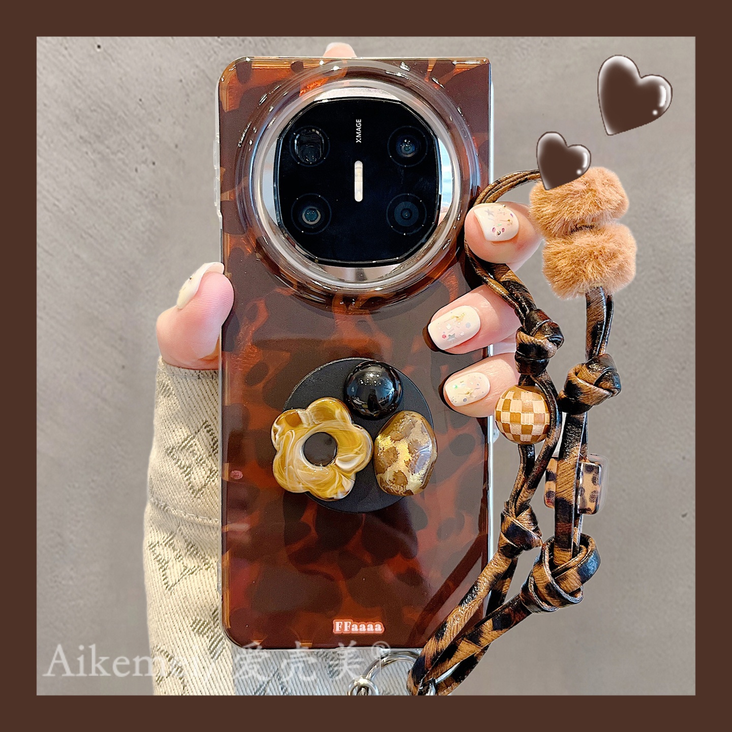 适用华为mateX6折叠屏手机壳美拉德棕色琥珀豹纹MateX5典藏版立体花朵宝石支架matex3链条挂绳双层翻盖防摔女