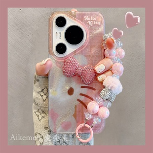 双层mate70pro防摔女款 适用华为pura80pro 手机壳可爱卡通镭射kt猫立体蝴蝶结Pura70pro链条挂绳p8070pro新款