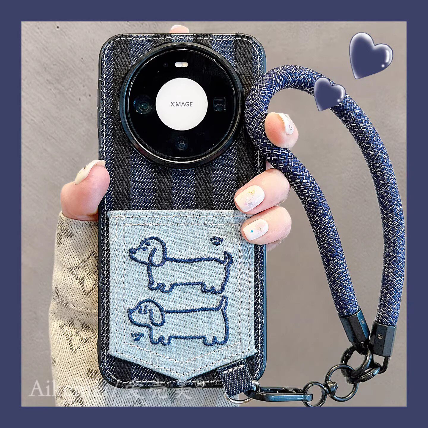 适用华为mate80promax手机壳韩系牛仔条纹线条腊肠狗卡包