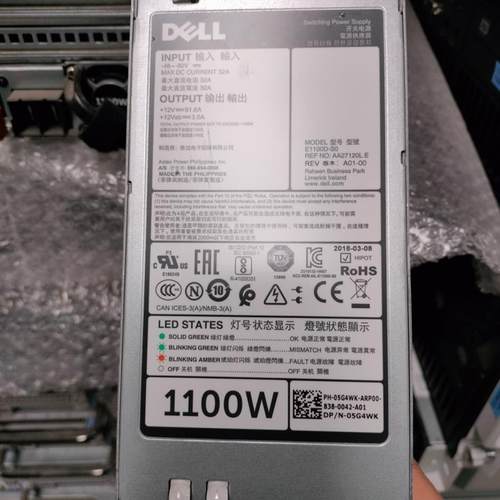 戴尔R730XD R720 服务器48V直流电源1100W E1100D-S0 PN:05G4WK