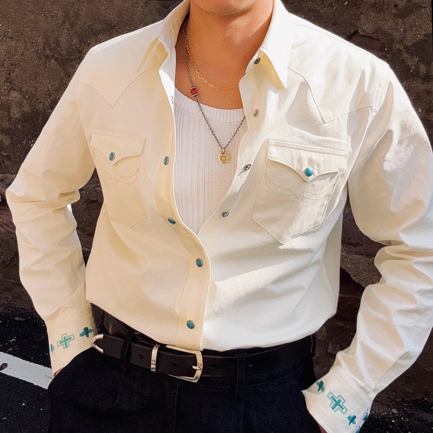 美式复古纳瓦霍刺绣纯棉西部衬衫