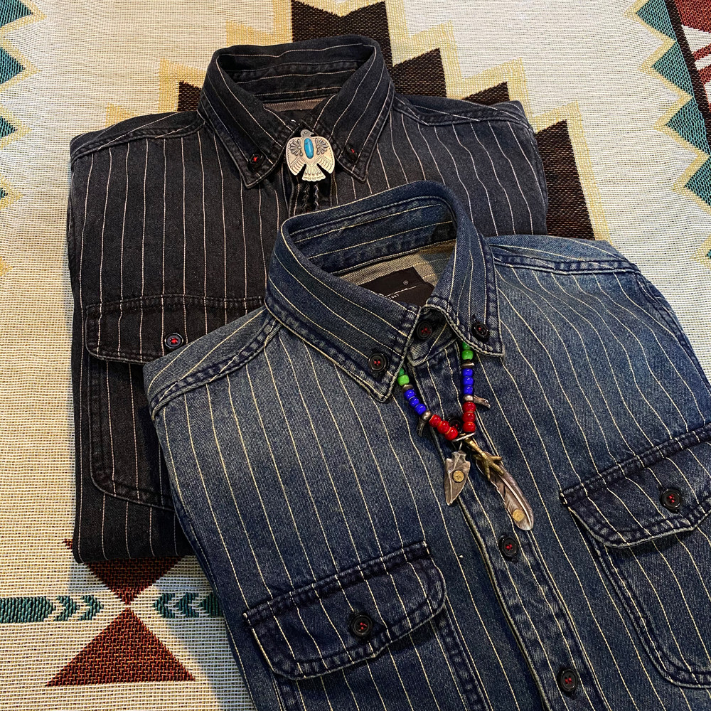 美式复古vintage条纹牛仔衬衫重磅阿美咔叽工装水洗做旧长袖衬衣