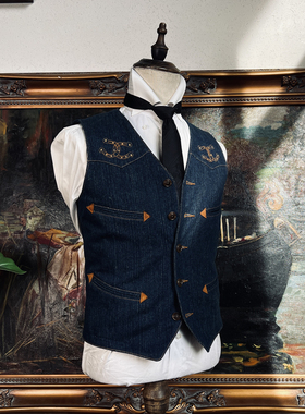 双马蹄刺绣+手绘美式复古牛仔马甲