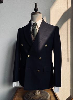 经典再现拉夫版布雷泽西装600g麦呢戗驳领双排扣绅士Blazer西服