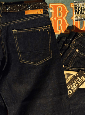 12.8盎司原色赤耳单宁牛仔裤中高腰经典五袋——微锥版