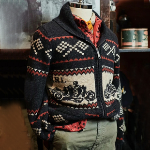 美式复古复刻RRL机车俱乐部开衫针织提花青果领羊毛加厚保暖毛衣