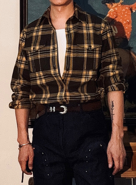 2025秋装新款 美式复古275克全棉格纹长袖衬衫休闲工装格子衬衣